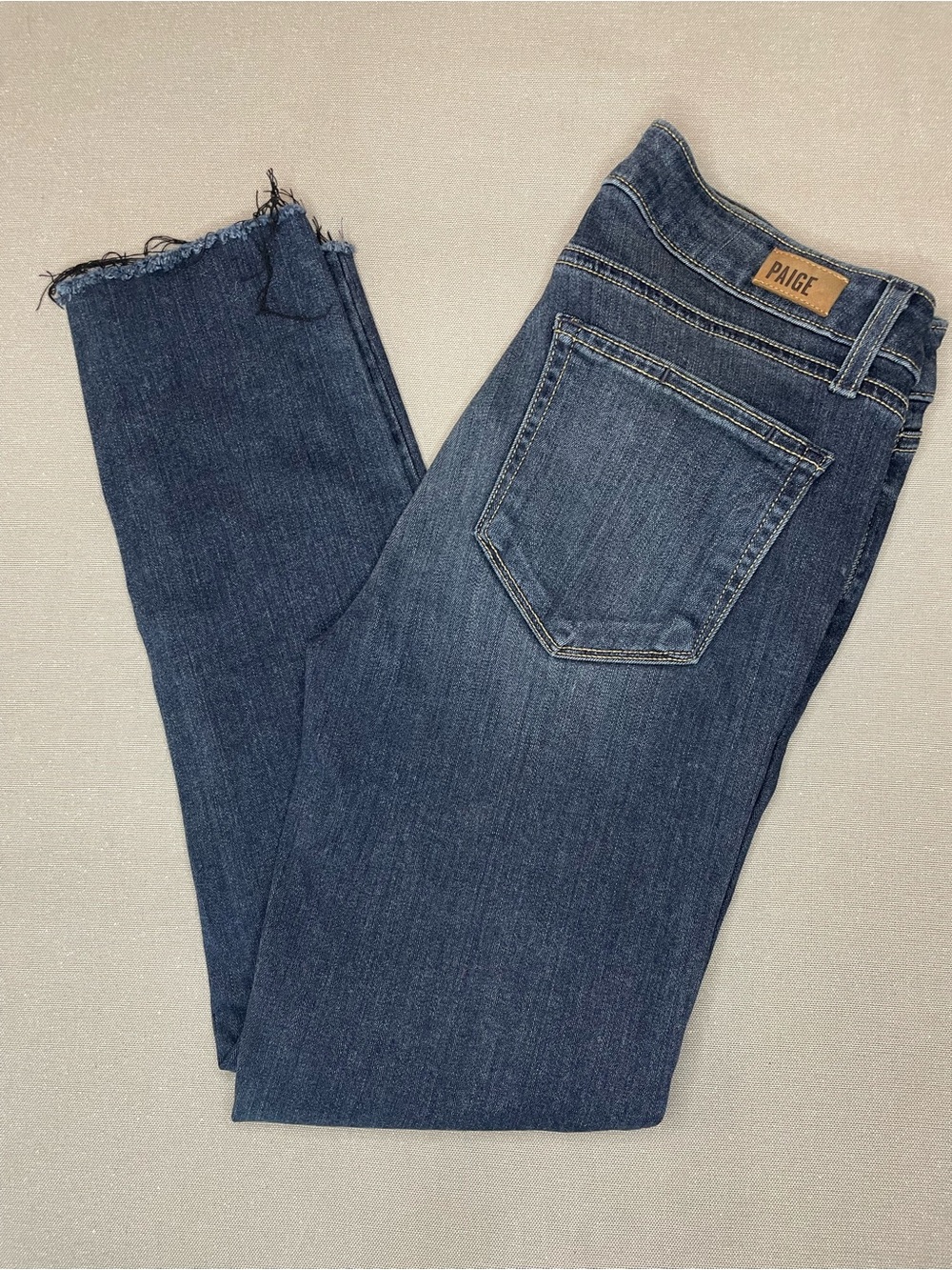 PAIGE Verdugo Ankle Dark Blue Wash Frayed Hem Jeans